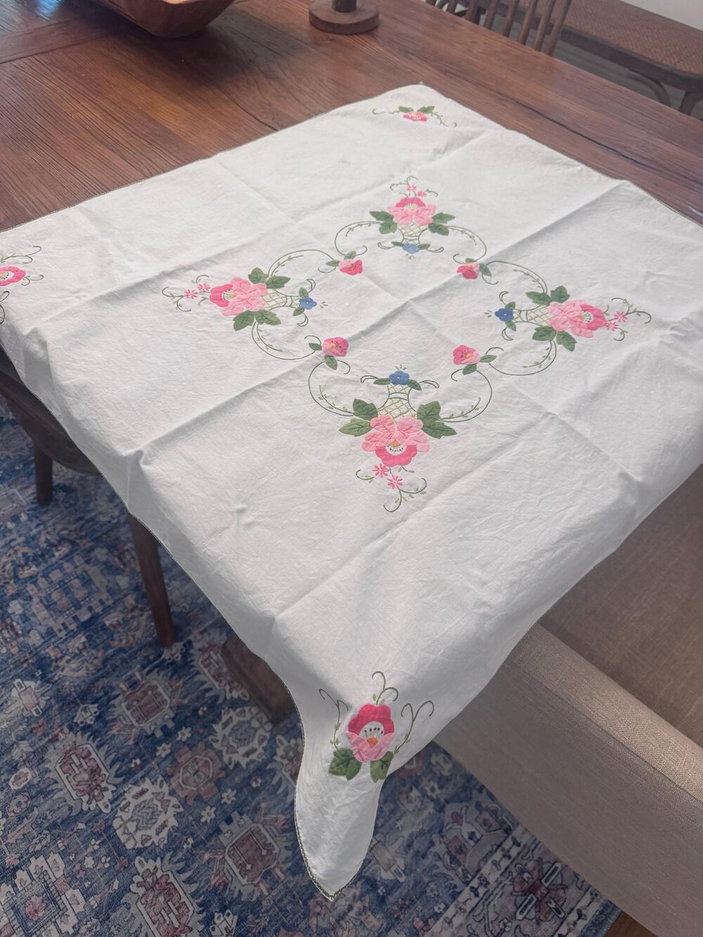 Vintage 32x32 Hand Embroidered Floral Tablecloth - Tea Party and Kitchen Decor
